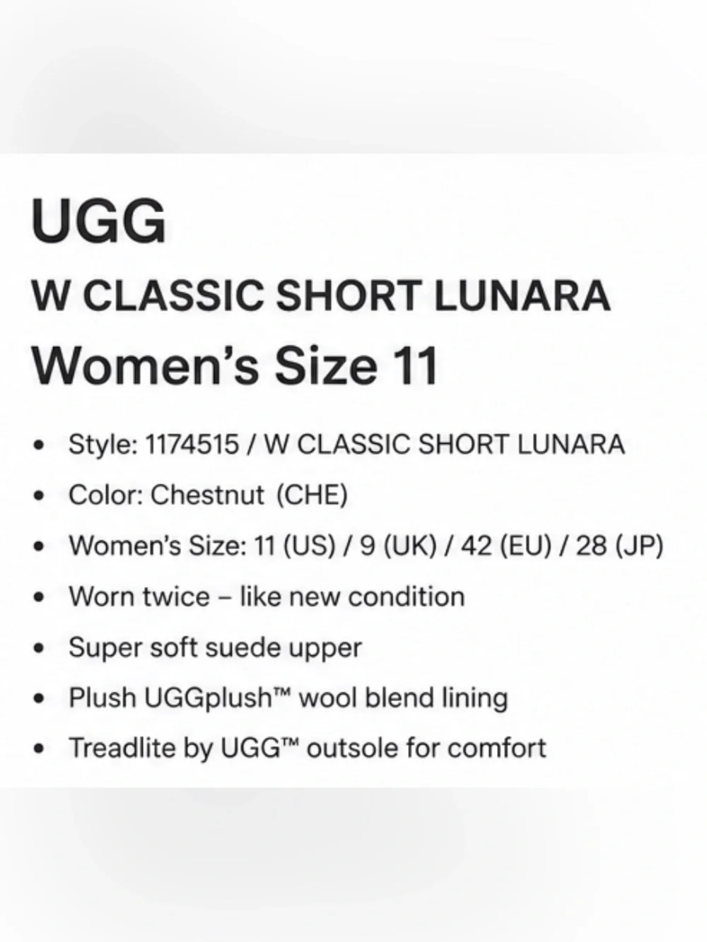 UGG Classic Short Lunara Chestnut Boots Size 11 Like New